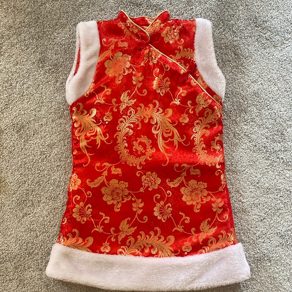 Red fur trimmed cheongsam qipao dress